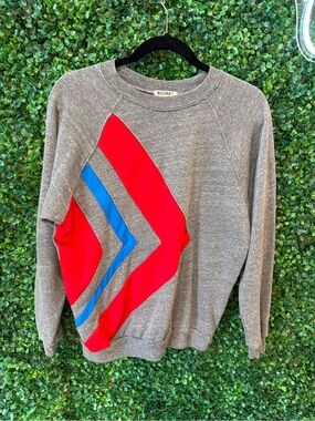 Needs California Gray Pullover Sweater with Red & Blue Chevron Accents